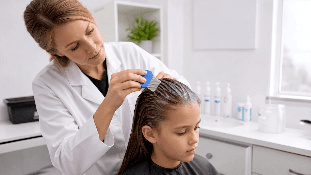 Practitioner speaking with a parent during a head lice clinic consultation