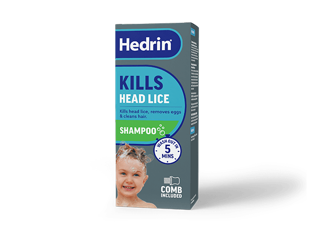 Hedrin Kills Head Lice Shampoo box, front view on a white background