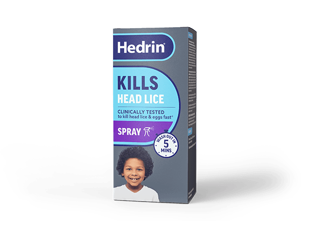 Hedrin Kills Head Lice Spray box, front view on a white background