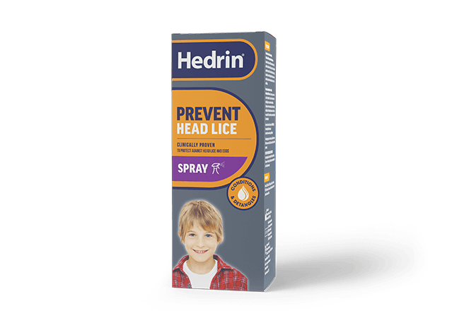 Hedrin Prevent Head Lice Spray box, front view on a white background