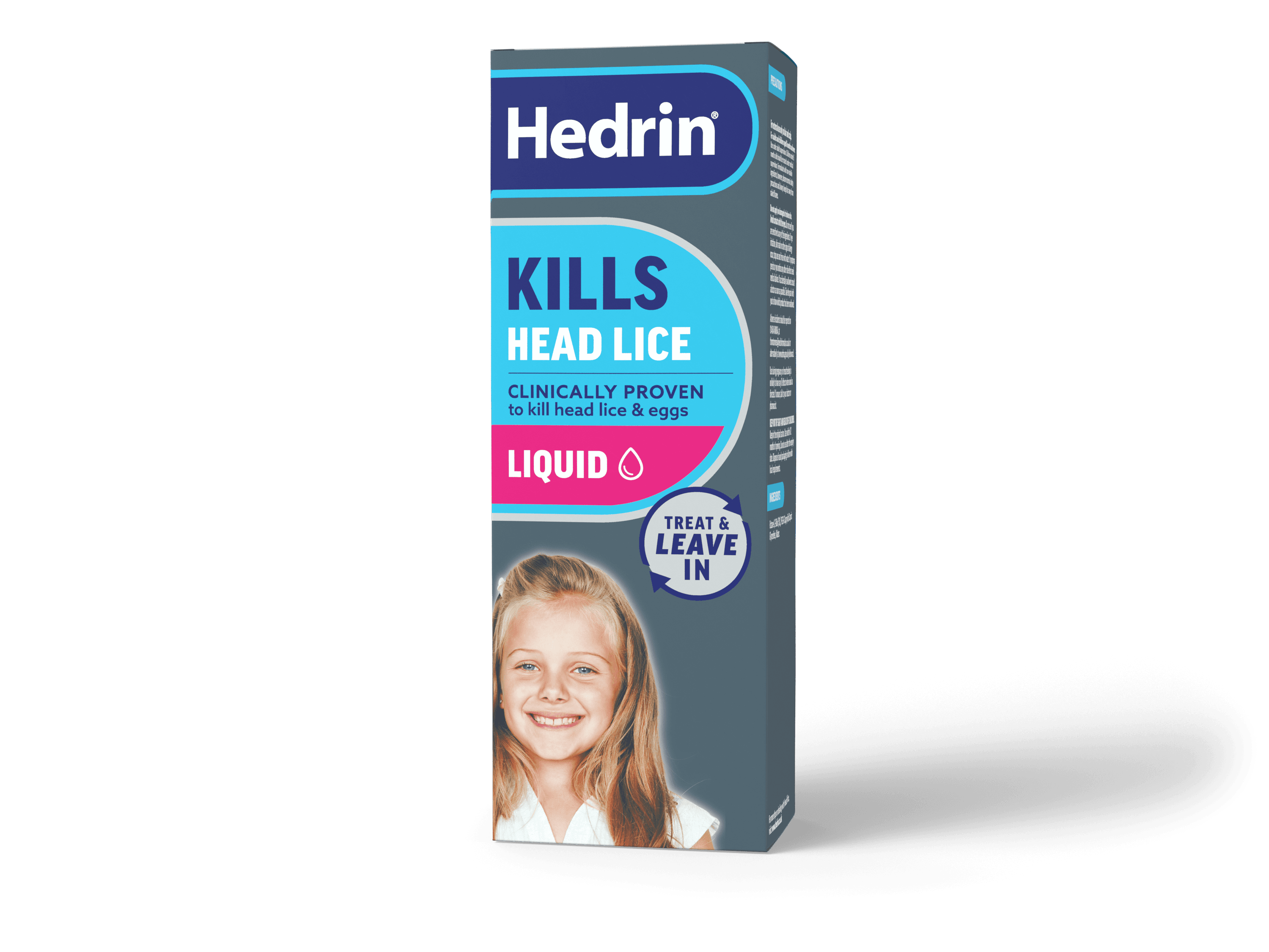 Hedrin Kills Head Lice Liquid leave-in treatment box, front view on a white background
