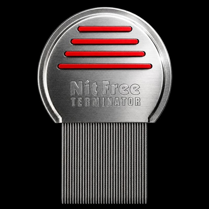 Nit Free Terminator stainless-steel lice comb with a round metal handle, red grip bands and long fine teeth