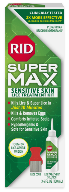 RID SUPER MAX Sensitive Skin Lice Treatment Kit box, front view on a white background