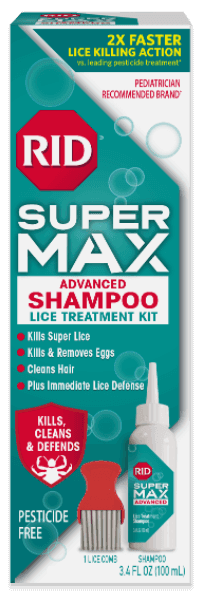 RID SUPER MAX Advanced Shampoo Lice Treatment Kit box, front view on a white background